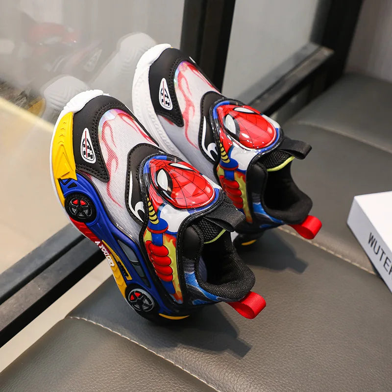 Disney Children's Shoes Fashion Cartoon LED Lights Spiderman Sneakers for Boys Breathable Sport  Anti-slip Student Shoes Size 26