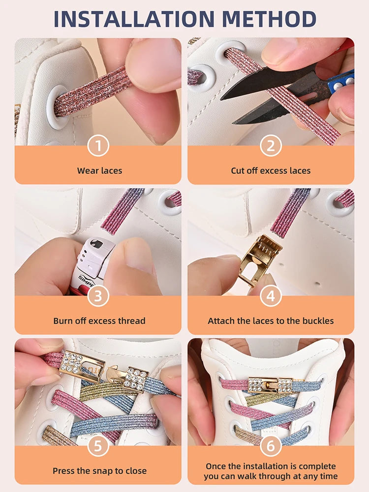 1Pair No Tie Shoe Laces Diamond Buckle Elastic Lace Shoelaces Pearl Light Colorful Fashion Without Ties Laces Sneaker Kids Adult