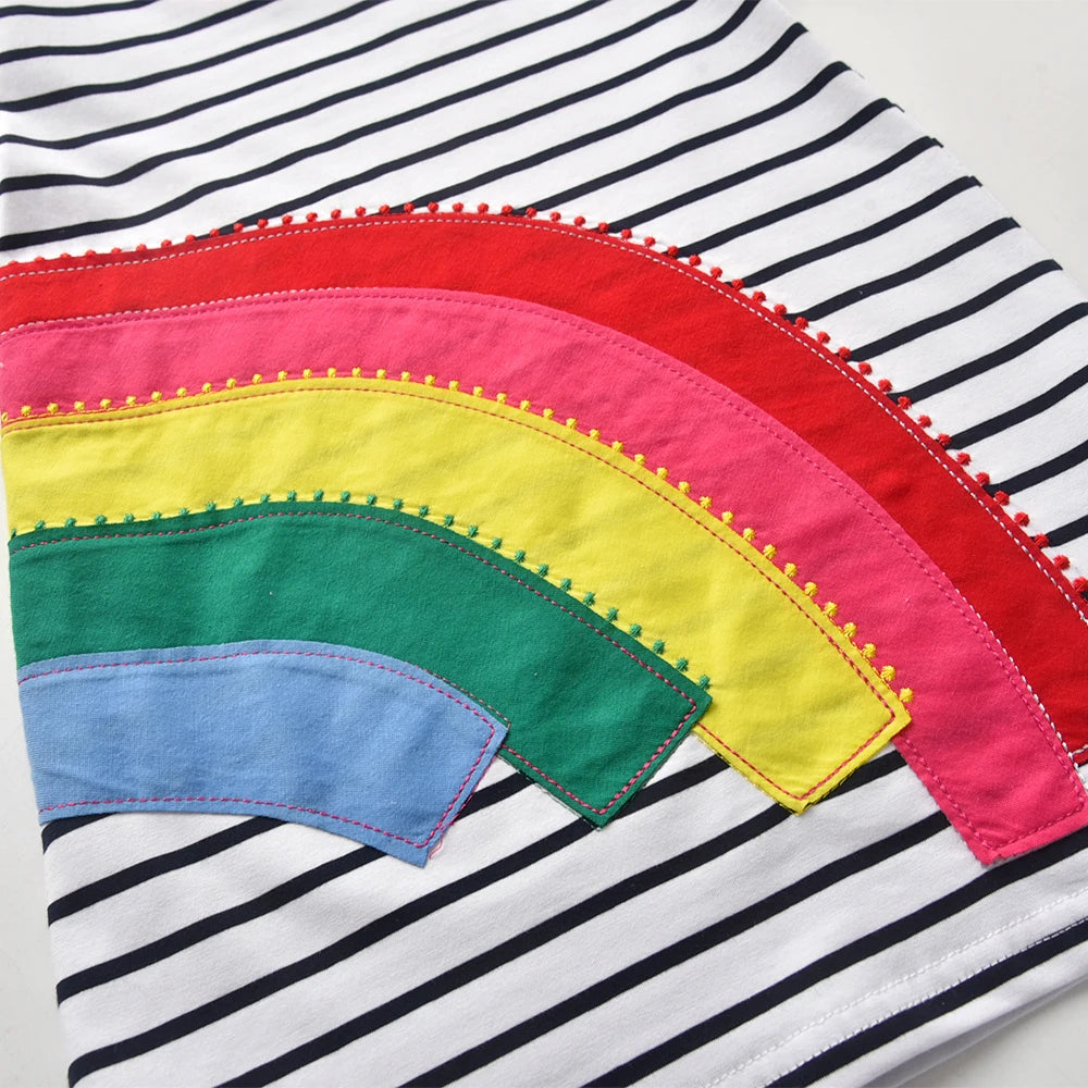 VIKITA Girl Short Sleeve Striped Dress for Summer Kids Rainbow Appliqued Cotton Casual Daily Cozy Straight Vestidos Kids Clothes
