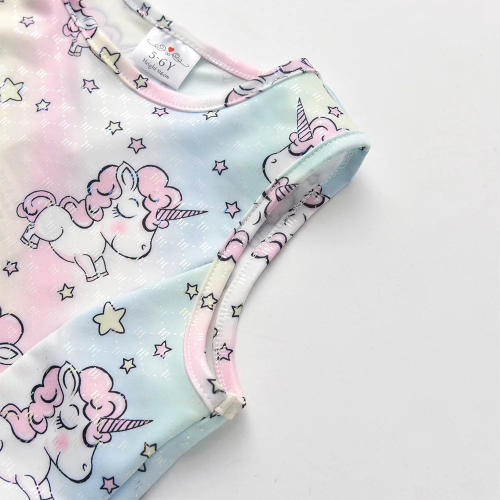 VIKITA Girls Licorne Rainbow Star Print Dress Kids Summer Sleeveless Polyester Beach Vacation Party Casual Princess Dresses