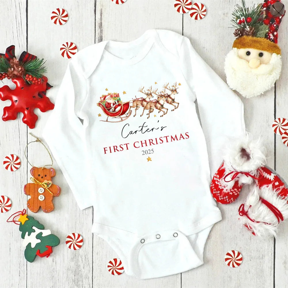 Personalised First Christmas Baby Outfit Newborn Baby Girls Boy Long Sleeve Cartoon Winter Romper My First Xmas Jumpsuit Outfit