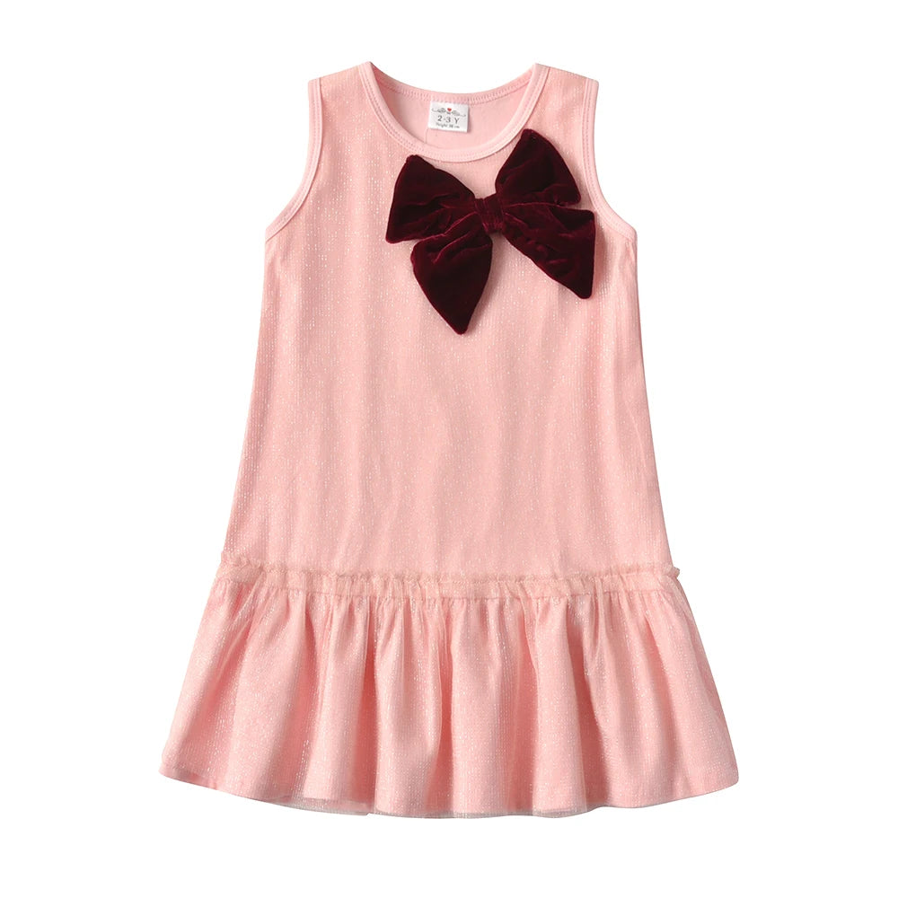 VIKITA Girl Pink Dress Kids Sleeveless Summer Vestidos Toddlers BowKnot Ruffles Cotton Casual Dresses Children Clothing 3-7 Yrs