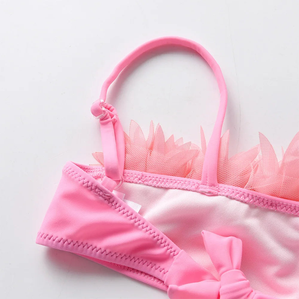 Girls Pink Floral Bikini Sets Kids One Shoulder Tulle Pink Swimsuit 2 Pcs Toddlers Summer Beach Vacation Party Stylish Swimwear