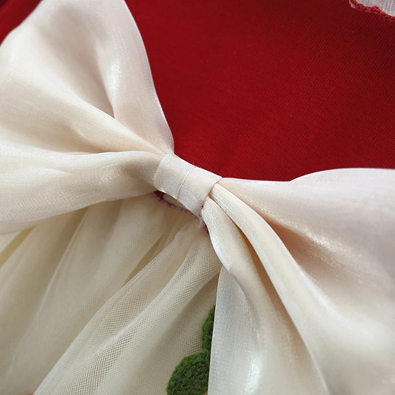 Spring And Autumn New Cherry Chiffon Baby Girl Princess Dress, Red Long Sleeve Christmas Party Children'S Clothes（0-3 Years Old）