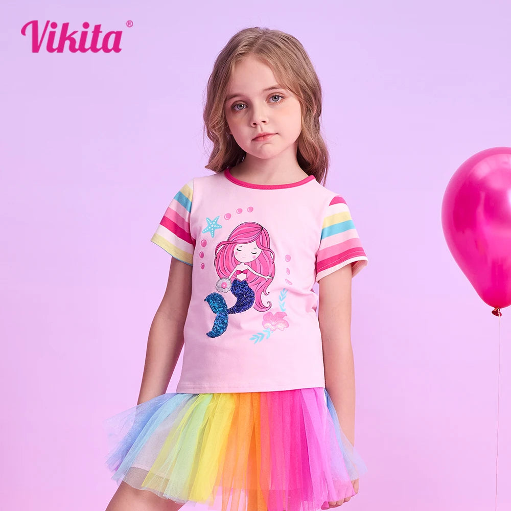 VIKITA Girls Mermaid Print Cartoon T Shirt Kids O Neck Summer Short Sleeve T Shirts Girls Pink Cotton Casual Tops and Tees Wear