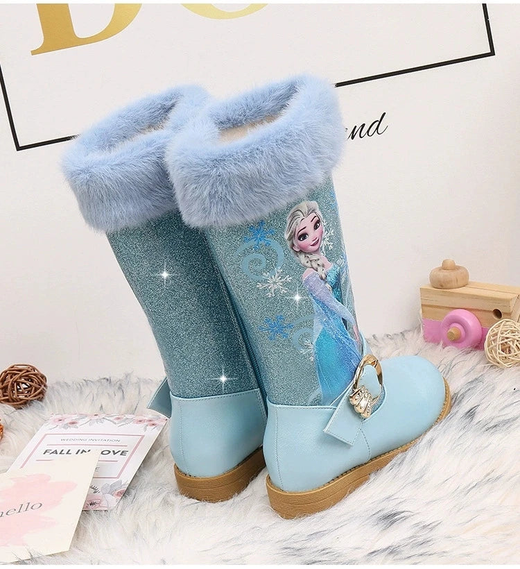 Disney Girls' Leather Boots Winter Cartoon Frozen Boots Zipper High Plush Princess Elsa Boots Warm Children's Boots Size 25-36