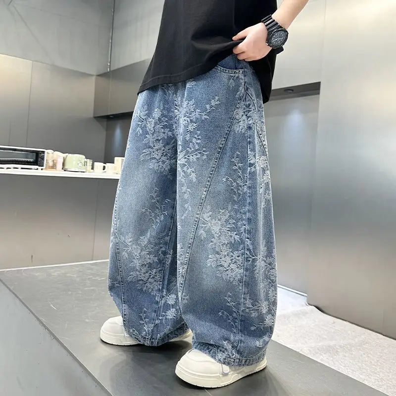 Kids' Casual Wide-Leg Jeans with Jacquard Print - Boys & Girls Big Kids Comfort Fit Spring Autumn Pants