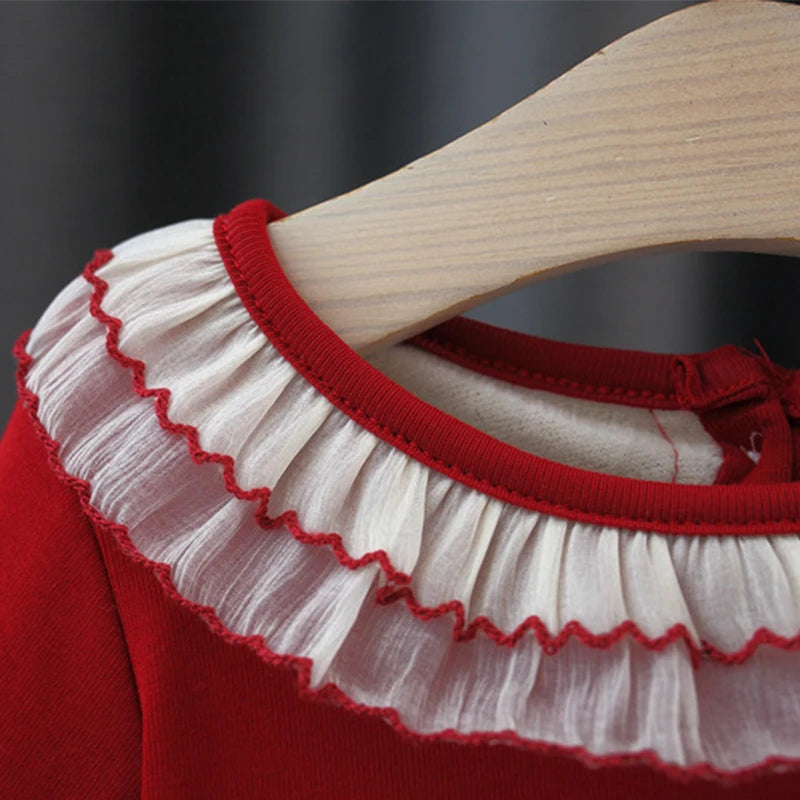 Spring And Autumn New Cherry Chiffon Baby Girl Princess Dress, Red Long Sleeve Christmas Party Children'S Clothes（0-3 Years Old）