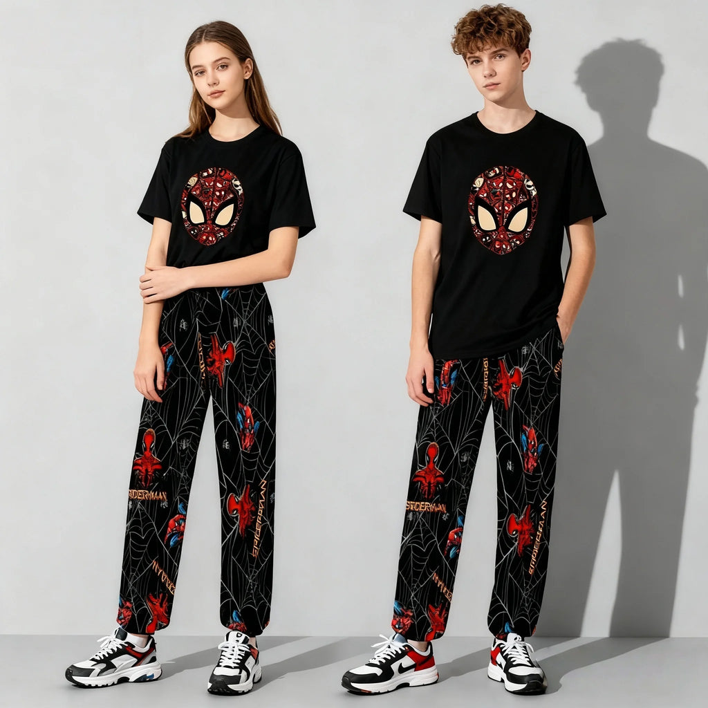 Spring and Autumn Hot Disney Series Sweet and Cool Spider Man Short Sleeved Pants Set for Adults and Children Parent Child Set