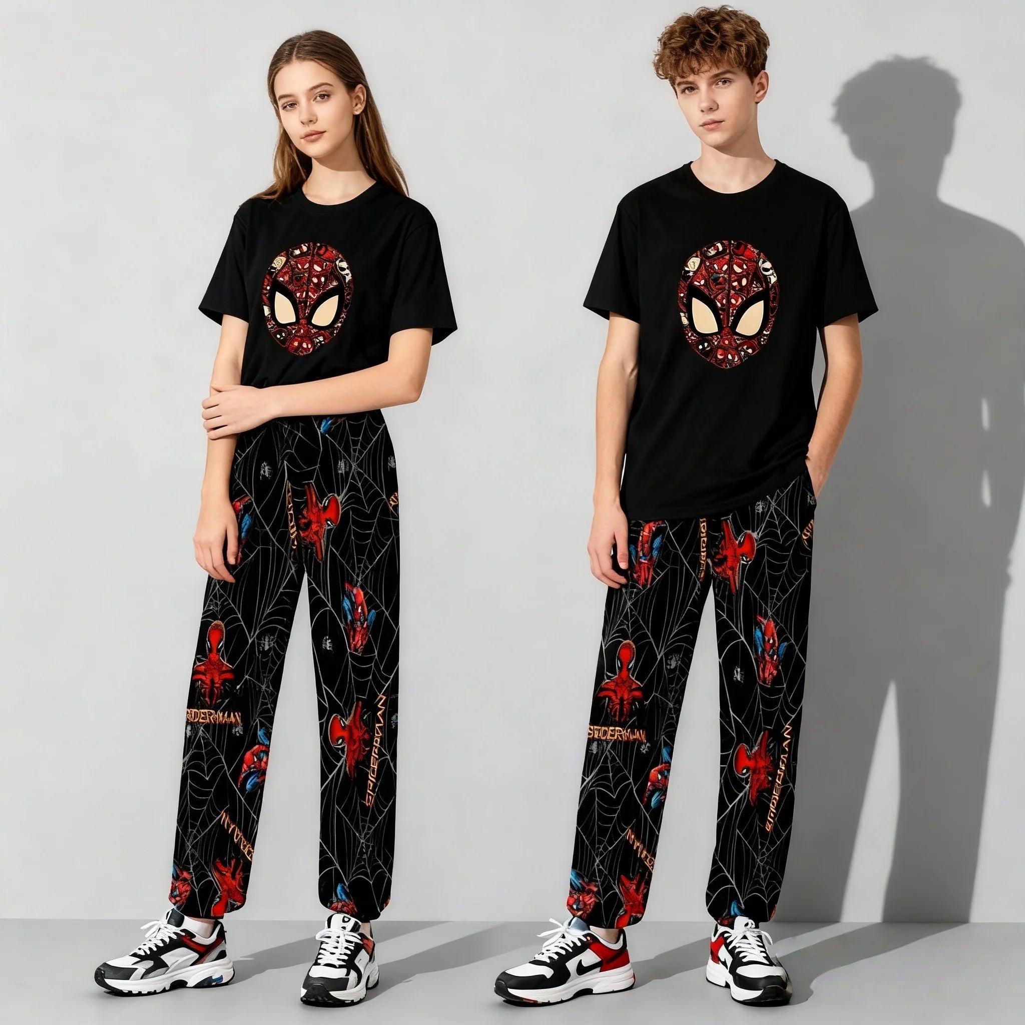 Spring and Autumn Hot Disney Series Sweet and Cool Spider Man Short Sleeved Pants Set for Adults and Children Parent Child Set