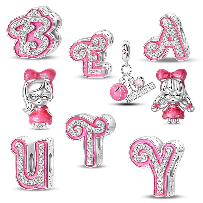 Pink Girl Series 925 Sterling Silver Alphabet Charms Beads Cute Letter Fit Original Bracelet Bangle Necklace DIY Jewelry