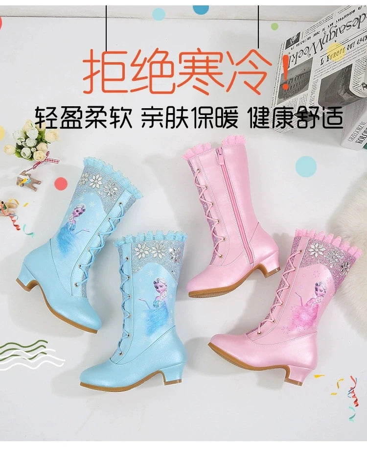 Disney Girls High Heel Boots Winter Children's Long Sleeved Plush Snow Warm Boots Princess Elsa Pink Blue Boots Size 27-37