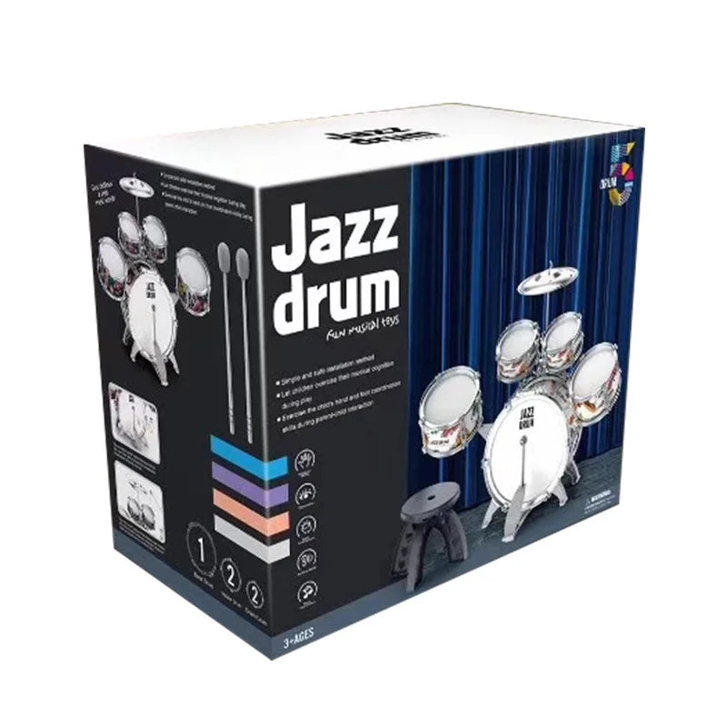 Kids Drum Set Toddler Jazz Drum Kit Toys with Stool Pedal Percussion Musical Instruments Drum Toy Early Education Gift for Boys