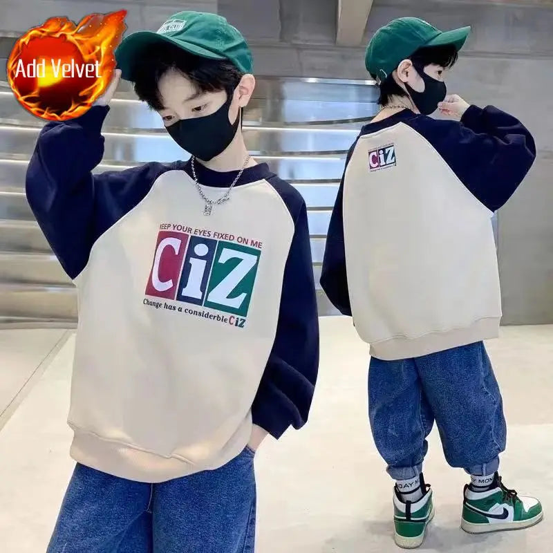 Boys' Medium-Large 2025 New Arrival No Hood Street-Style Korean Trendy Layering Top Kids Sweatshirt for Spring/Autumn