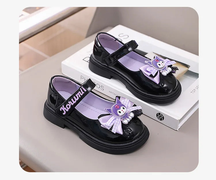 Kids'Sandals Kuromi PU Leather Bow Flat Spring Shoes For Girls Anti-slip Soft Thick Bottom White Black Shoes Size 26-36