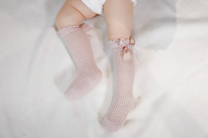 Limit quantity 0-2Y Children Girls Royal Style Bow Knee High Fishnet Socks Baby Toddler Bowknot Socks Kid Hollow Out Sock Sox