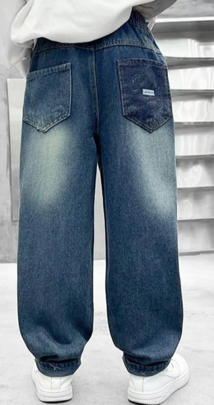 2025 New Boys' Loose Fit Jeans for Kids - Korean Style Washed Denim Long Pants, Trendy & Comfortable