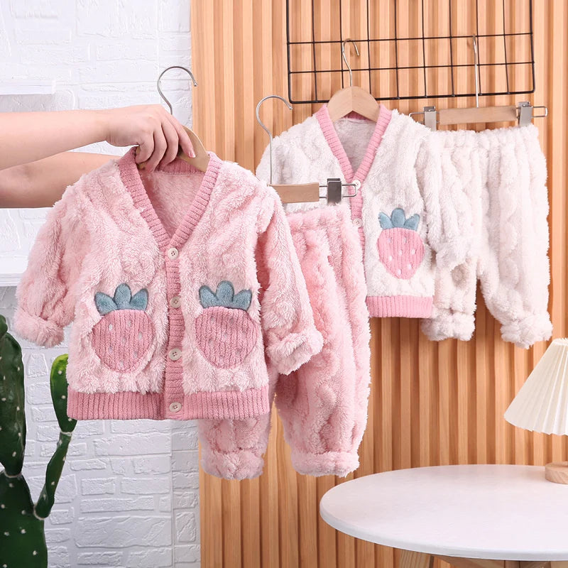 New Winter Baby Girls Clothes Suit Children Thick Warm Long Sleeved Pajama Top And Pants Toddler Casual Costume Kids Sleepwear