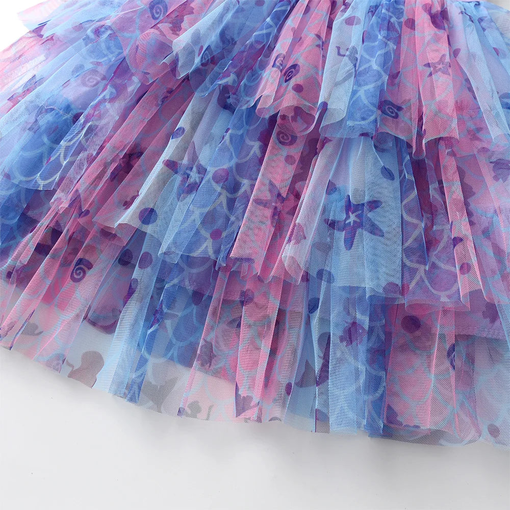 Girls Mermaid Print Tutu Dress with Tiered Tulle Skirt Kids Ruffle Colorful Ocean Starfish Print Birthday Party Performan Dress