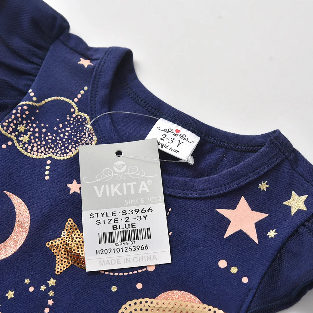 VIKITA Toddlers Girls Tops Tees Kids Glittery Stars Unicorn Starry Sequins Appliqued Fashion Navy Blue Cotton Casual T Shirt
