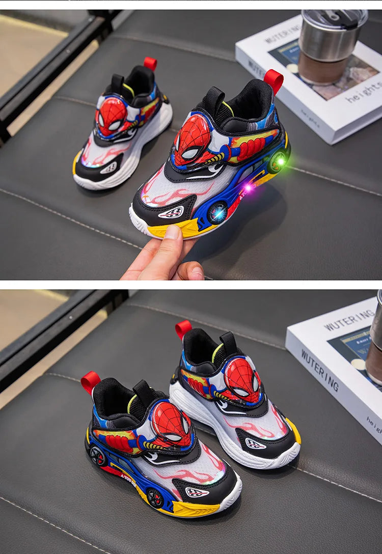 Disney Children's Shoes Fashion Cartoon LED Lights Spiderman Sneakers for Boys Breathable Sport  Anti-slip Student Shoes Size 26