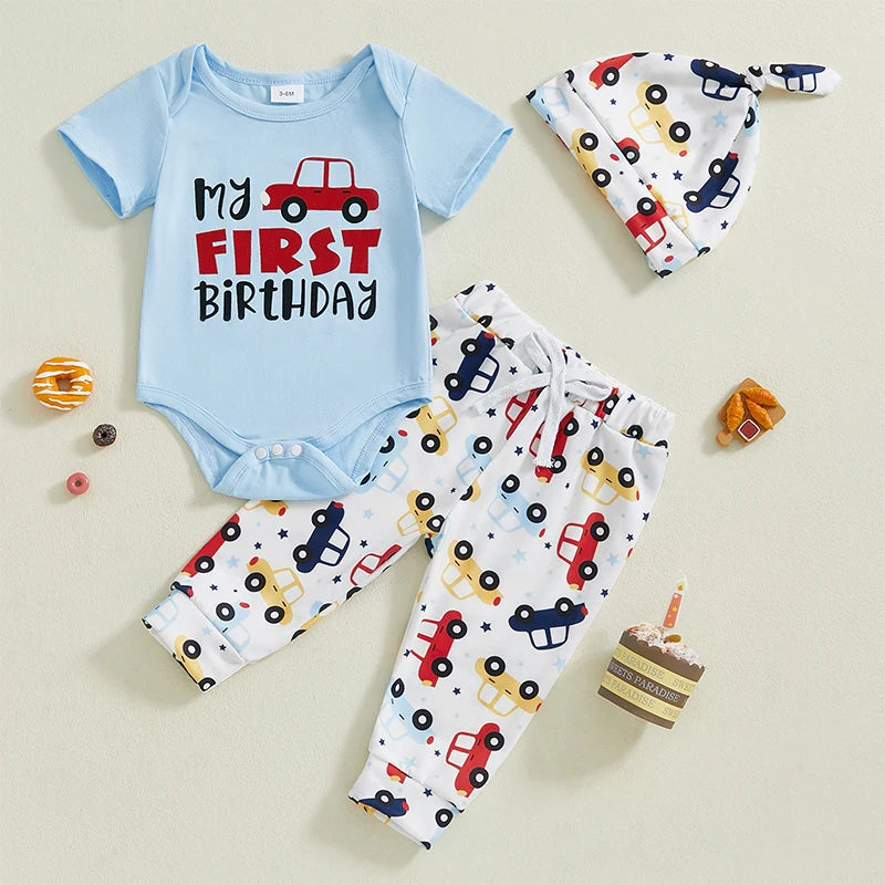 Toddler Boy Birthday Clothes Short Sleeve One Print Romper Car Pattern Long Pants Hat 3 Piece Outfit Set for Boys