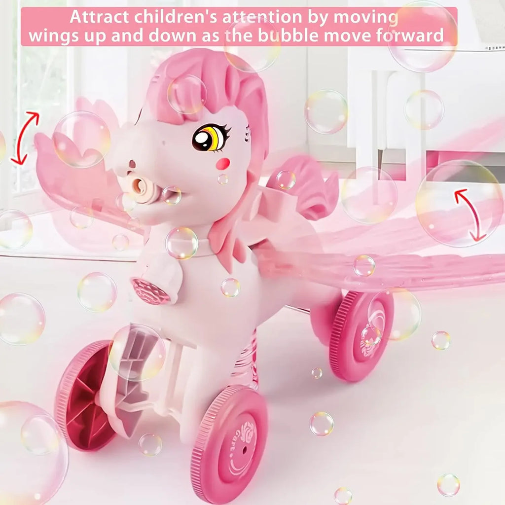 Pony Bubble Machine for Kids Automatic Bubble Lawn Mower with Light & Music Bubble Cart Outdoor Push Toys for Birthday Gift