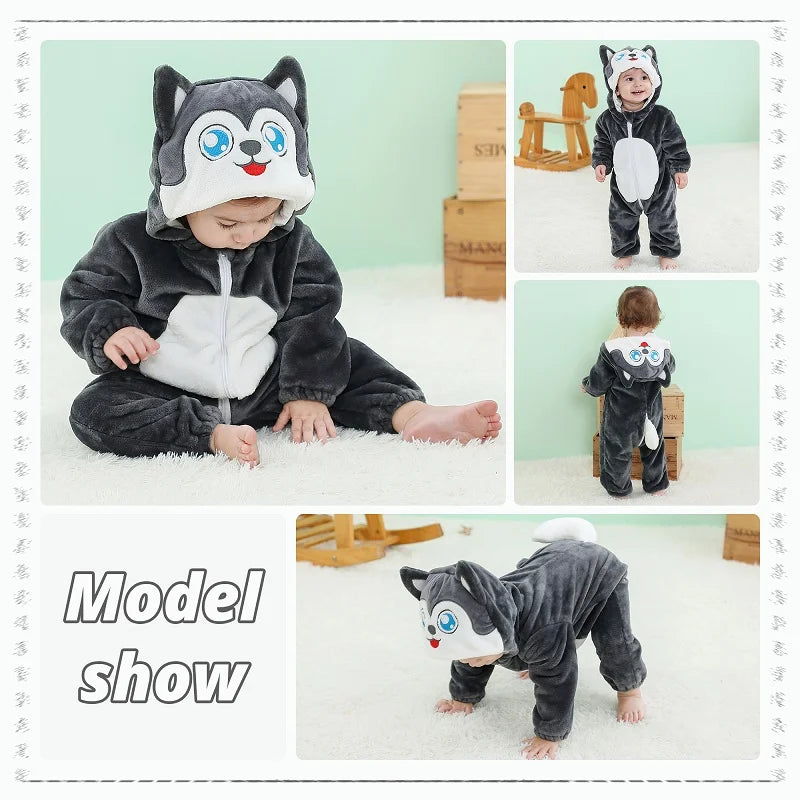 MICHLEY Halloween Costume Infant Baby Clothes Rompers Winter Flannel Hooded Bodysuits Pajamas Animals Overall Jumpsuit For Bebe