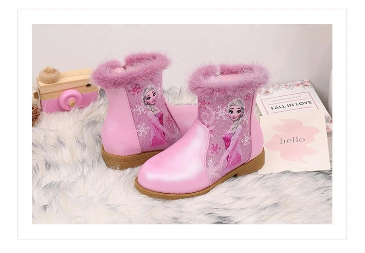 Disney Girls' Boots Winter Fashion Frozen Elsa Princess Children's Short Girls' Cotton Fur Ankle Boots Girls' Pink Shoes Size 25