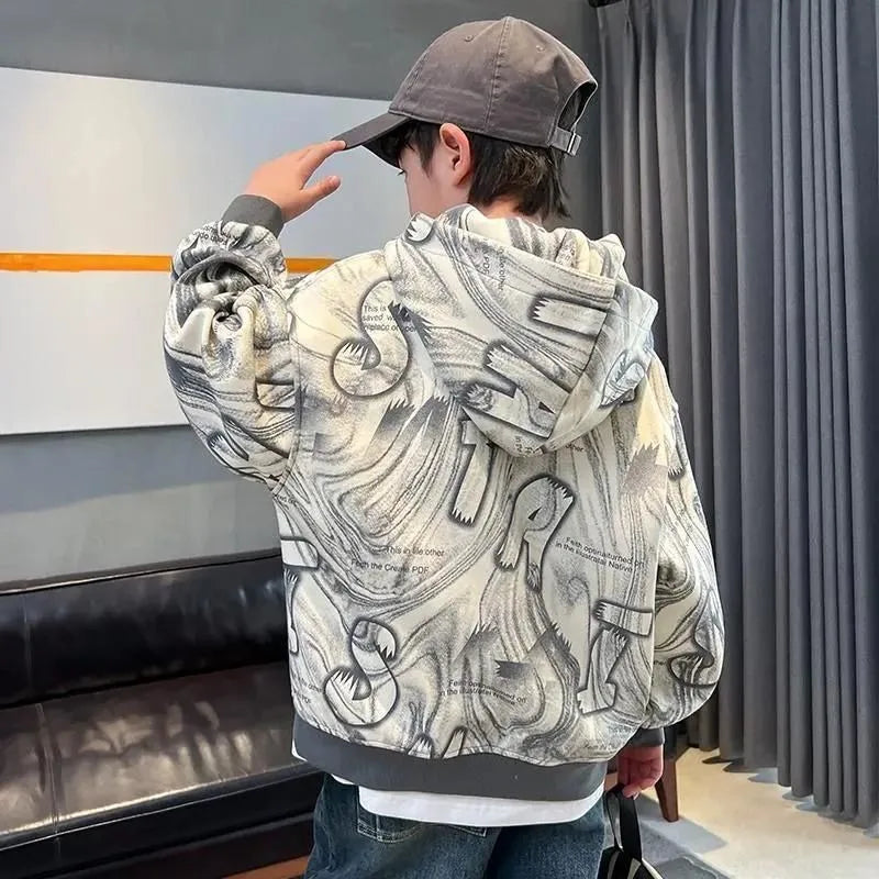 2025 New Boys' Mid-Large Spring-Autumn Trendy Brand Hooded Hoodie - Stylish Kids' Spring Wear Top