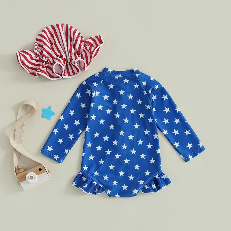Children s Patriotic Swimsuit Set with Star and Stripe Print Ruffled Zipper Rash Guard Swimwear and Matching Swim Cap for
