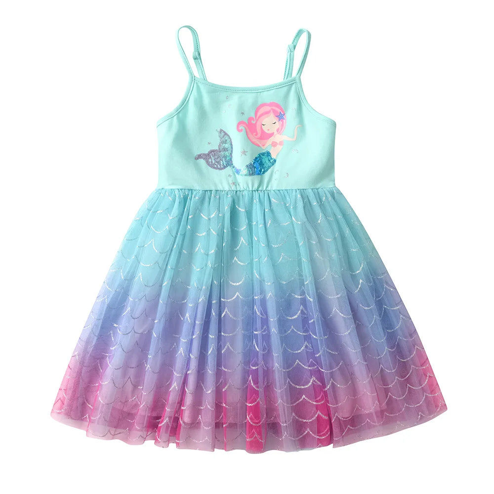 VIKITA Kids Blue Suspenders Sling Summer Princess Dress Girls Mermaid Print Princess Party Travel Mesh Tulle Stylish Costumes