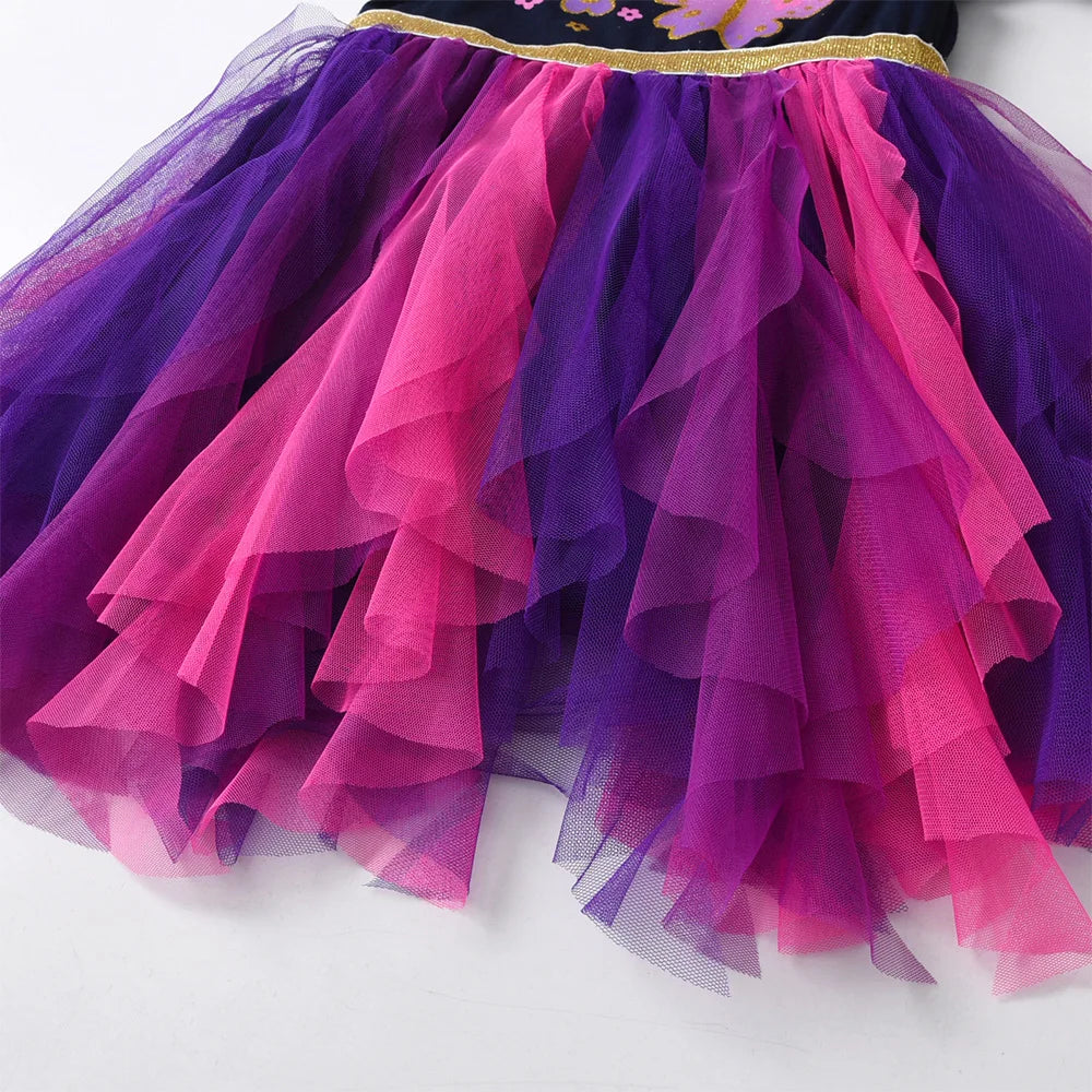 VIKITA Girls Autumn Spring Tutu Mesh Dress Kids Butterfly Flower Print Irregular Dresses Girl Birthday Party Princess Vestidos
