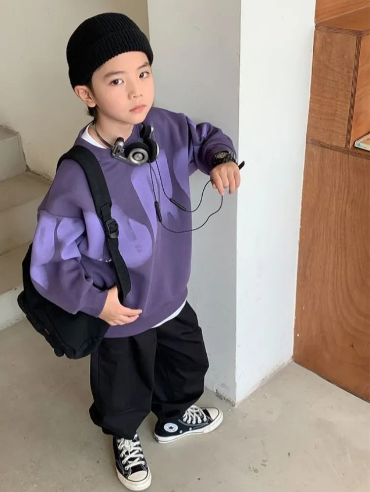 Boys' Medium To Large 2025 New Arrival No Hood Crewneck Spring/Autumn Trendy Street Style Kids Sweatshirt