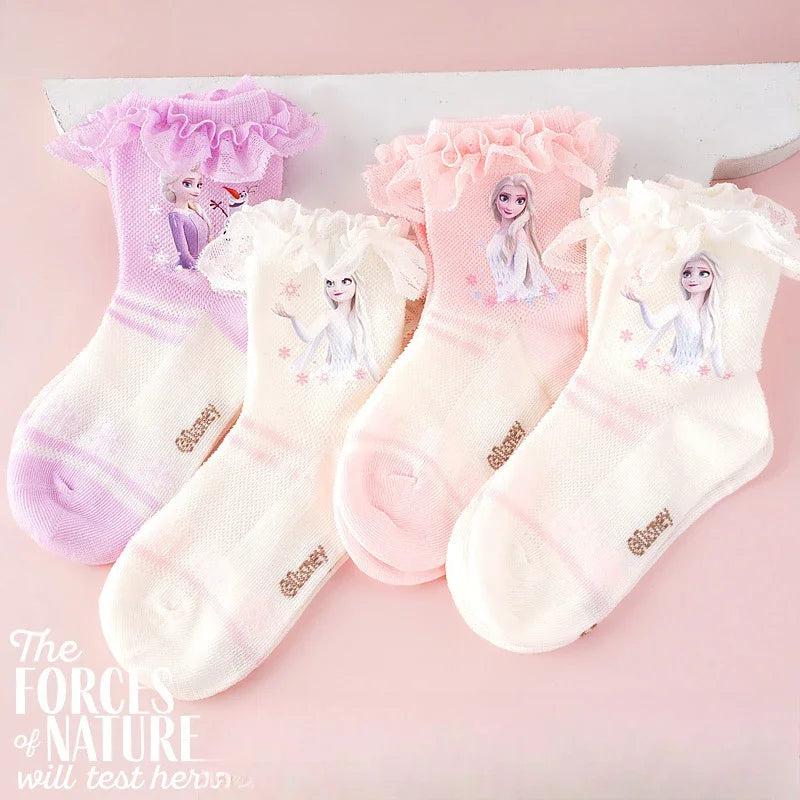 4 Pairs Children's Girl Elsa Socks Children's Spring and Summer Thin Hollow Cotton Lace Socks Short Socks H3134