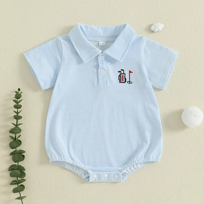 Infant Boy Jumpsuit Stylish Short Sleeve Striped Romper with Turn-down Collar and Embroidery Detail for Everyday Wear