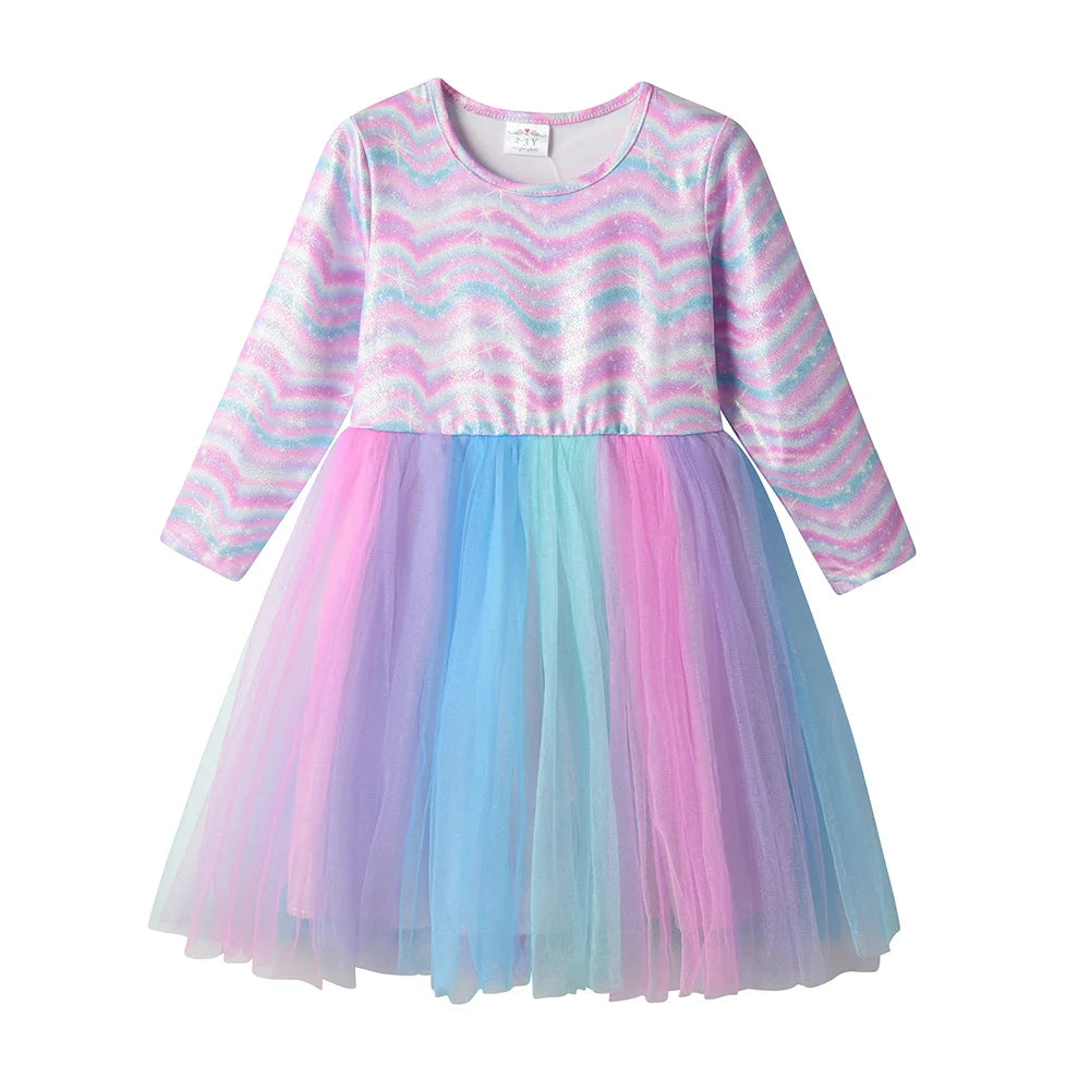 VIKITA Girls Autumn Spring Long Sleeve Dress Kids Rainbow Print Striped Dresses Girls Casual Daily Travel Princess Vestidos