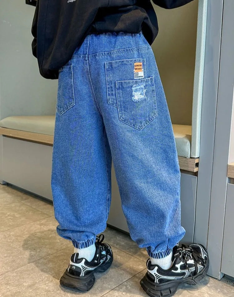 2025 New Boys' Denim Jeans Spring Autumn Kids Casual Sport Pants Long Korean Style Trendy Streetwear