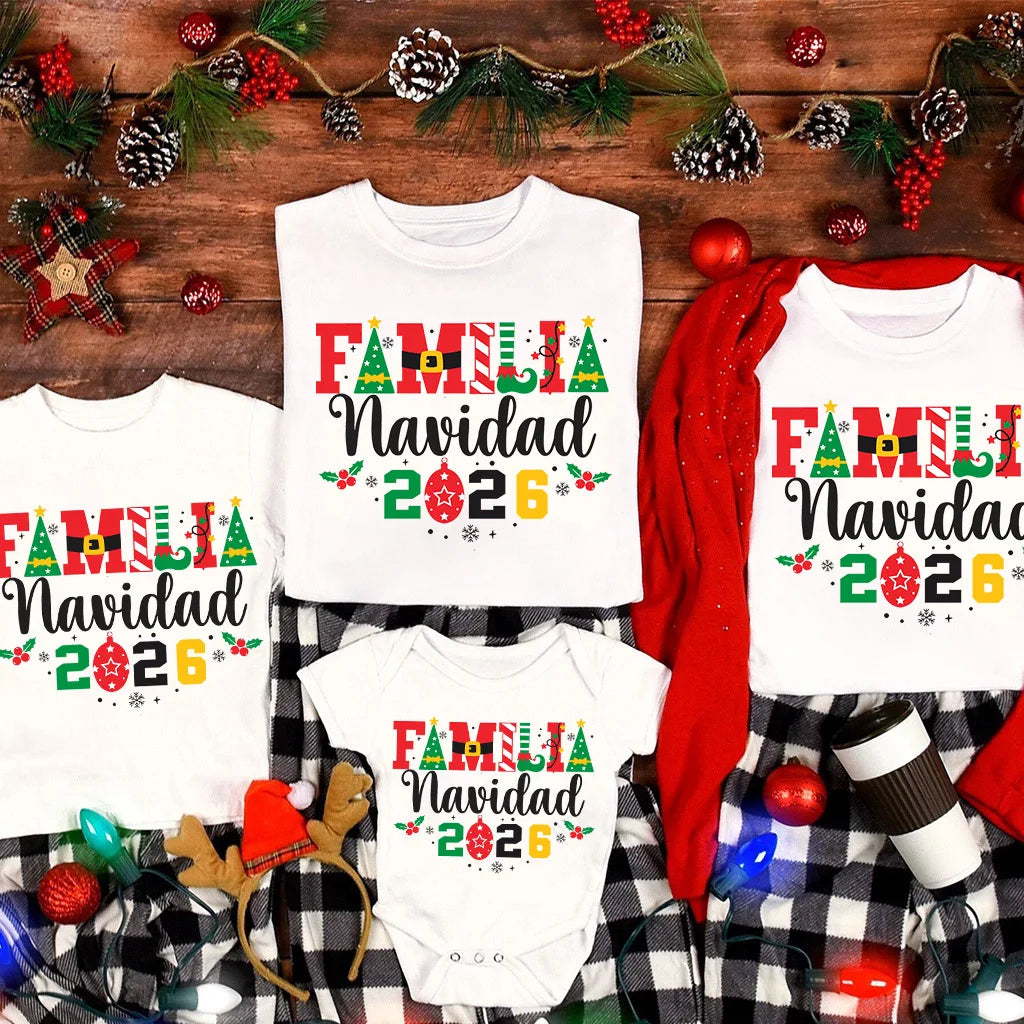 2026 Christmas Family Pattern Print Familt Matching Tee Shirts Dad Mom Kids Round Neck Tee Tops Baby White Bodysu