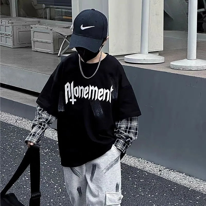 Fake Two Pieces Children's Clothing From 8 To 12 Years Boys Long Sleeve Tee Boys' T-shirt Graphic Shirts T-shirts Tees Boy Child