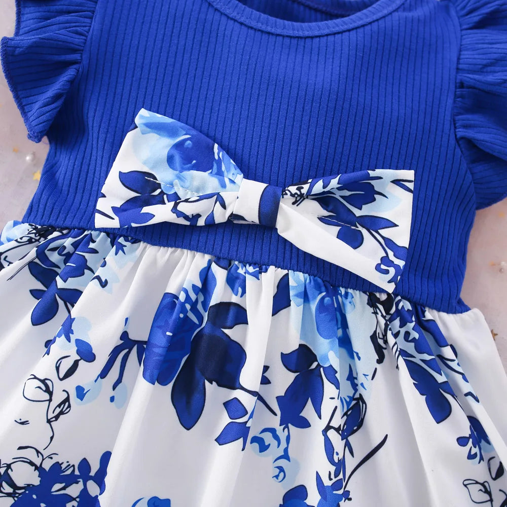 Summer New Blue Bow Baby Girl Dress, Fashionable Children'S Clothing With Free Hairband (6 Months -3 Years Old)