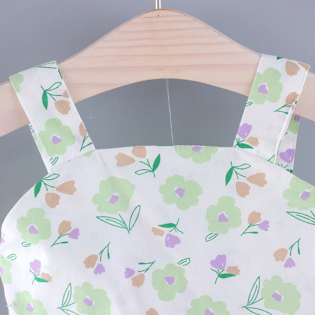 Girls' New Summer Dress Children's Small Flower Print Back Elastic Waist Solid Bow Princess Dress and Hat Two Piece Set