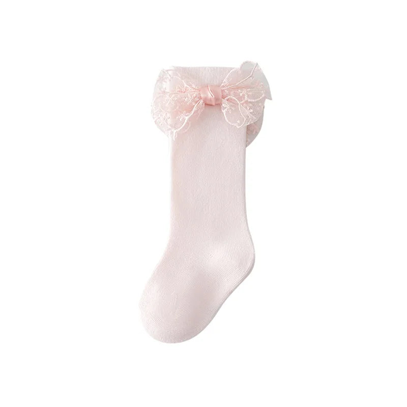 Adorable Baby Girl Knee-High Socks with Lace Bow Detail and Non-Slip Grip - Perfect for Spring and Summer Wear