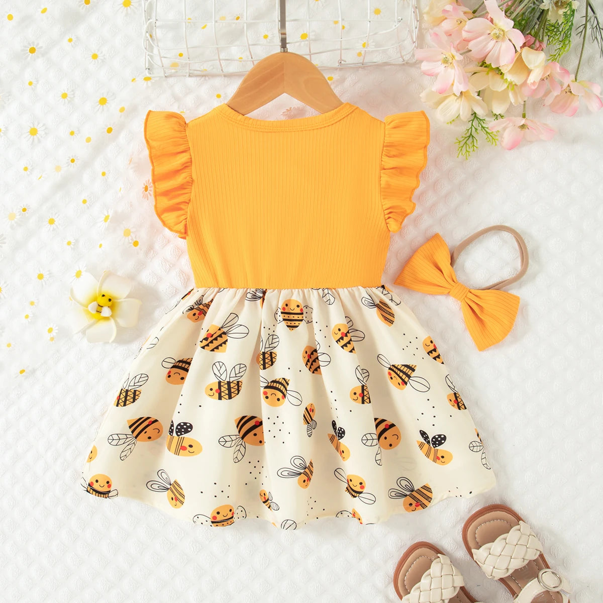 Summer New Yellow Little Fly Sleeve Baby Girl Dress, Cartoon Bee Print Children'S Sleeveless Clothes+Bow Headband (0-3 Years)