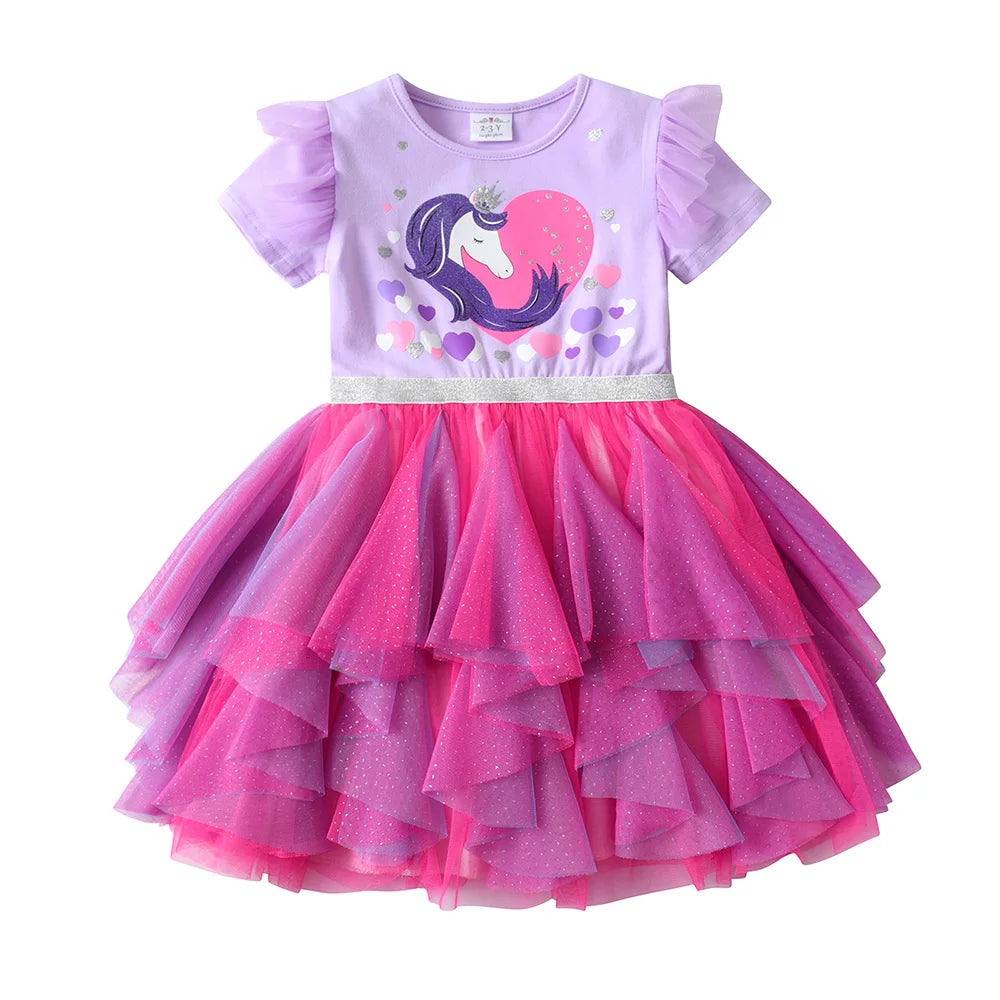 VIKITA Kids Short Sleeve Summer Dress Girls Unicorn Heart Design Dresses Kids Mesh Tulle Layered Cake Irregular Tutu Dresses