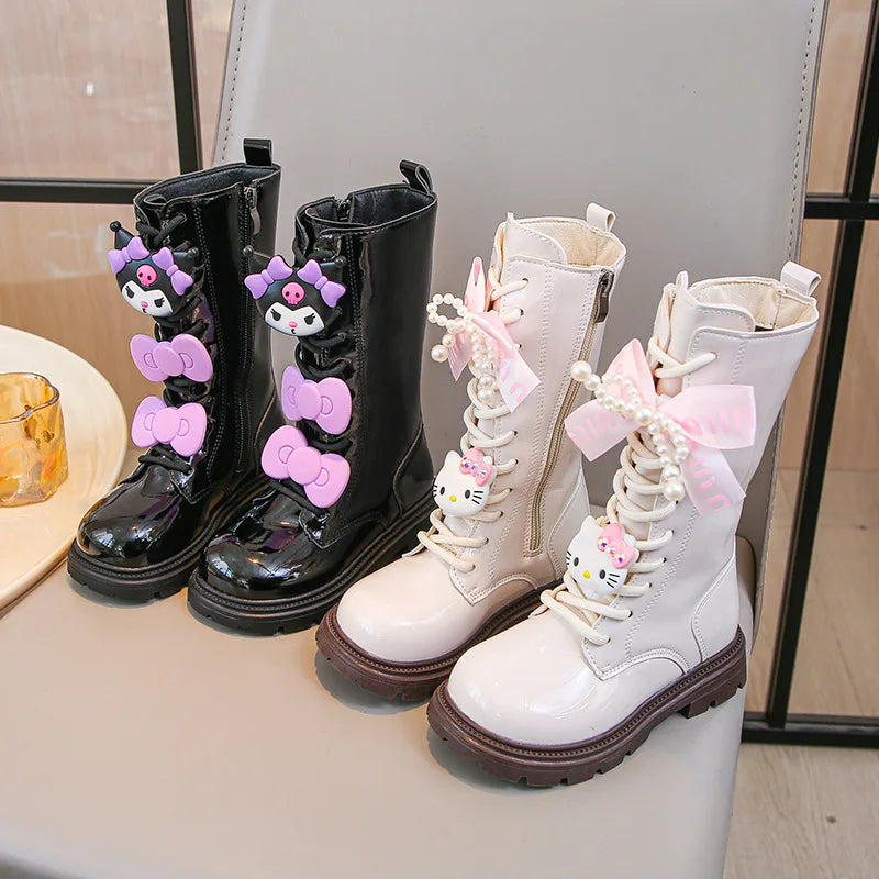 Kids'Casual Shoes Long Boots PU Leather Cartoon Kuromi Winter Shoes For Girls Anti-slip Warm Black Beige Shoes Size 26-37