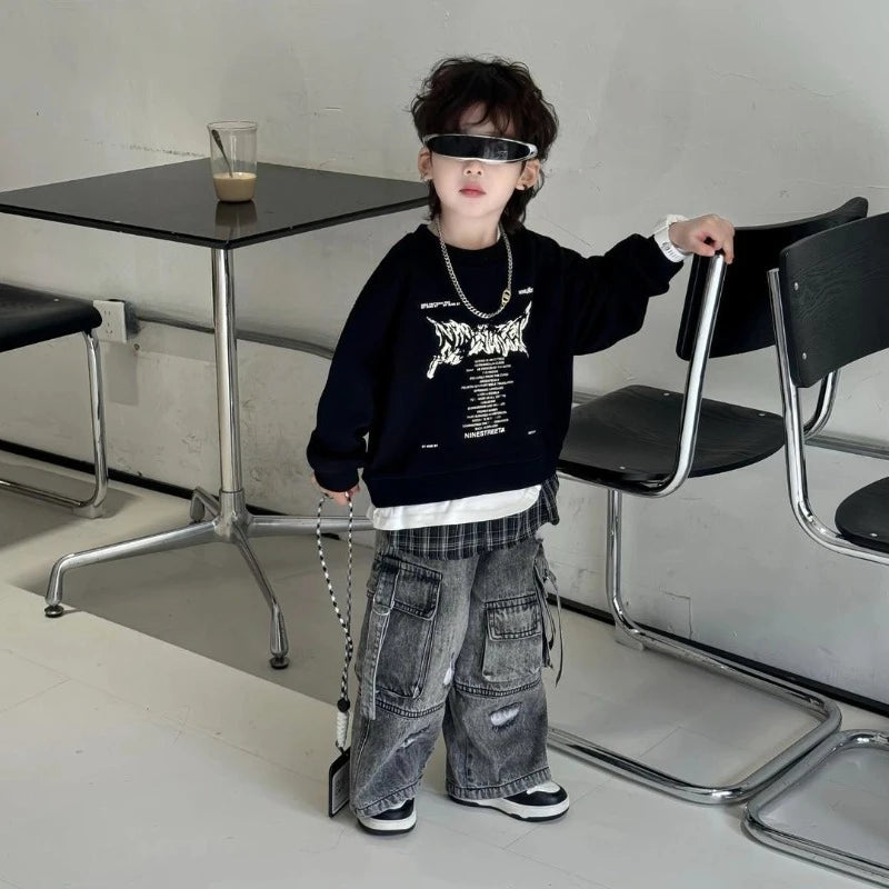 Boys' 2025 Spring New Fake Two-Piece Color-Blocked Korean Style Dashing Stylish T-Shirt