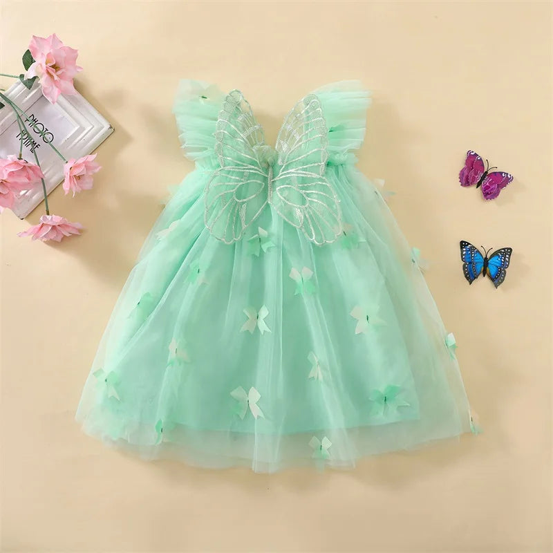 Elegant Baby Girl Lace Dress Sleeveless Square Neck Bow Tulle Princess Dress Toddler Party Dress with Angel Wings