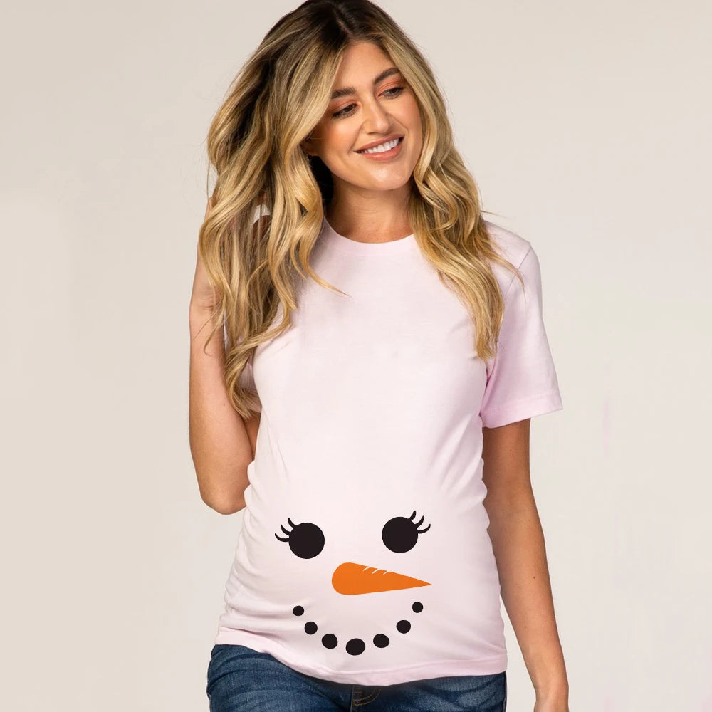 Christmas Pregnant Women T-shirt Snowman Cartoon Printed T Shirt Pregnancy Announcement Clothes Maternity White Short Sleeve Top