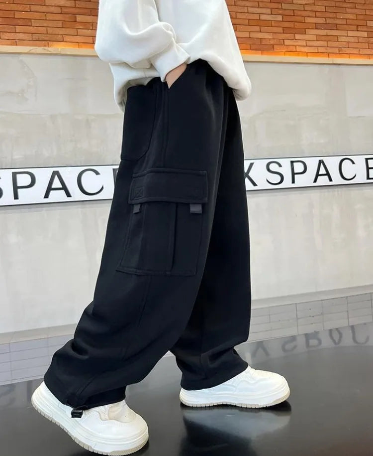 2025 New Boys Autumn Winter Fleece-Lined Sports Cargo Pants, Big Boy Streetwear Trends, Warmth & Comfort
